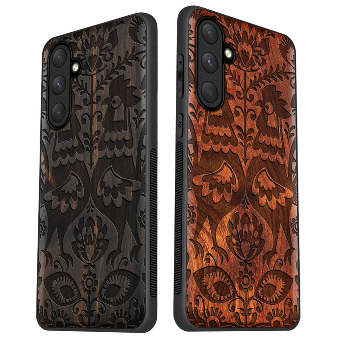 Polish Folk Art with Roosters and Florals, Classic Engraved Wood & TPU Case - Artisanal Cover for Samsung Galaxy