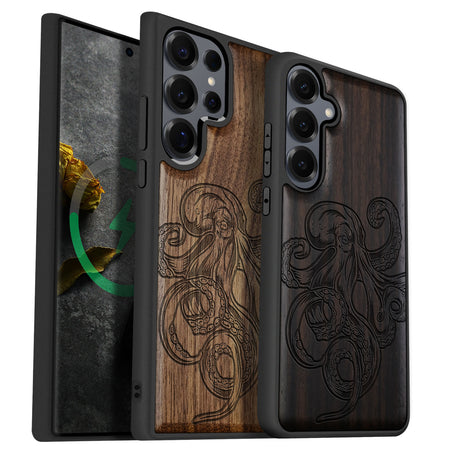 Bodybuilding Octopus Illustration Classic Engraved Wood & TPU Case Samsung Galaxy Artisanal Case View