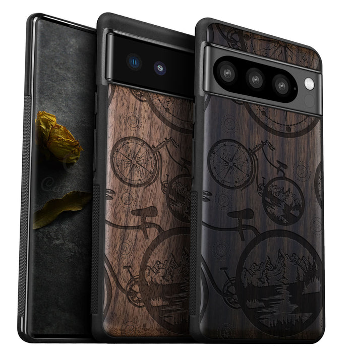 Bicycle Adventure, Classic Engraved Wood & TPU Case - Artisanal Cover for Google Pixel