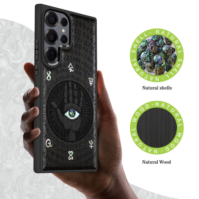 The Enigmatic Eye, Hand-Inlaid Wood & Mother of Pearl Case - Artisanal Cover for Samsung Galaxy