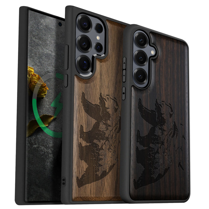 Majestic Bear in Nature's Embrace, Classic Engraved Wood & TPU Case - Artisanal Cover for Samsung Galaxy