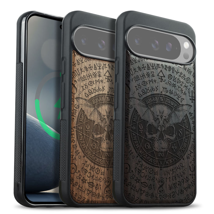 Bat and Skull within the Octagonal Star, Classic Engraved Wood & TPU Case - Artisanal Cover for Google Pixel