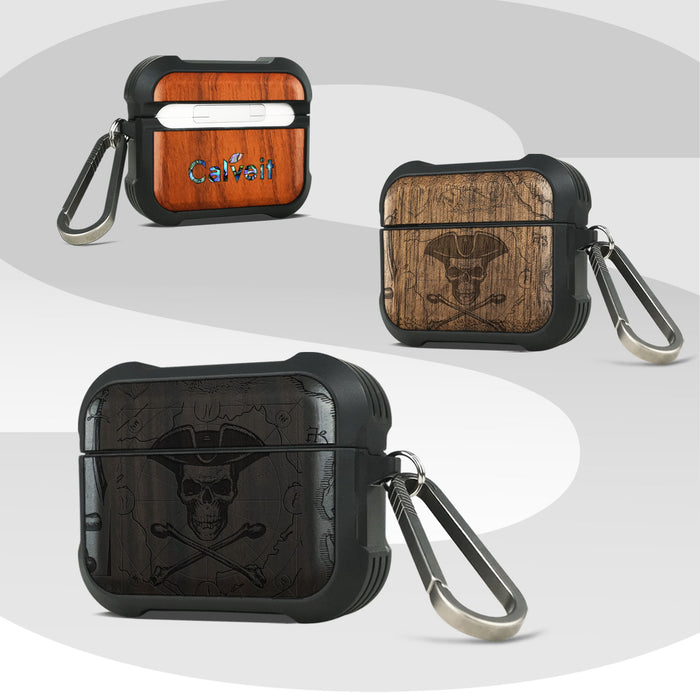 The Pirate's Legacy - Wood Artisan Engraved & Shell Hand-Inlaid Cover - Artisanal Case for Apple AirPods (Titanium Quick Released Clasp)