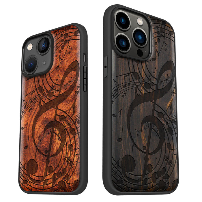 The Grand Clef and Musical Notes, Classic Engraved Wood & TPU Case - Artisanal Cover for Apple iPhone