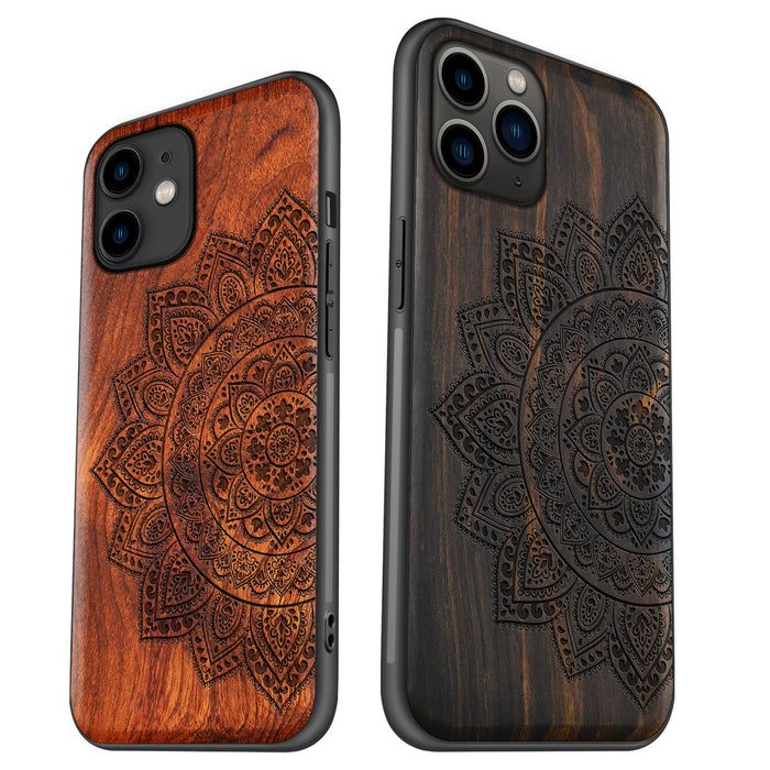 The Half Mandala Lace Pattern, Classic Engraved Wood & TPU Case - Artisanal Cover for Apple iPhone