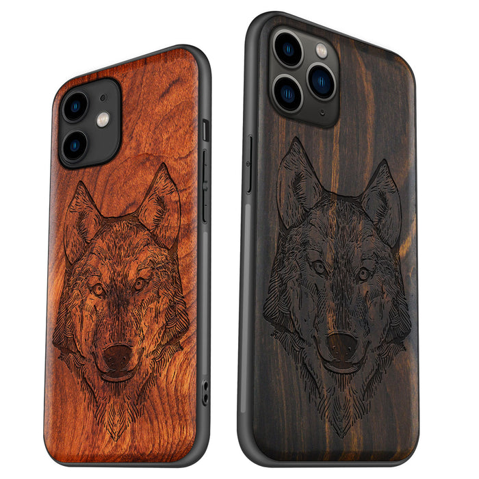 Realistic Wolf Linework Art, Classic Engraved Wood & TPU Case - Artisanal Cover for Apple iPhone