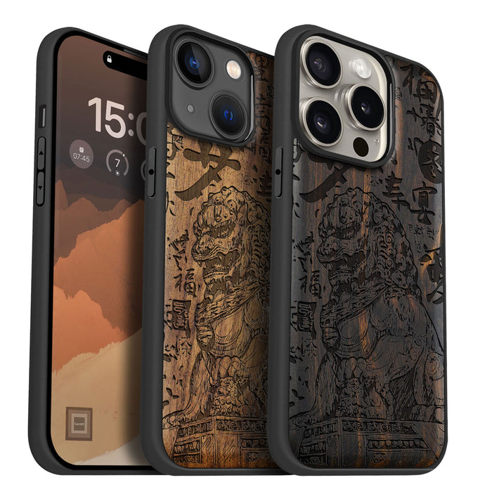 The Chinese Guardian Lions, Classic Engraved Wood & TPU Case - Artisanal Cover for Apple iPhone