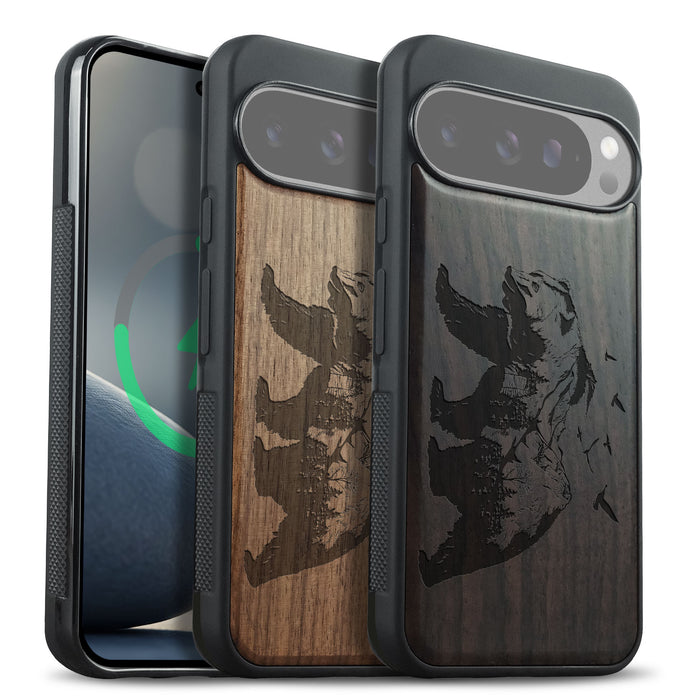 Majestic Bear in Nature's Embrace, Classic Engraved Wood & TPU Case - Artisanal Cover for Google Pixel