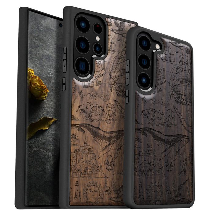 A Voyage of Vintage Visions, Classic Engraved Wood & TPU Case - Artisanal Cover for Samsung Galaxy