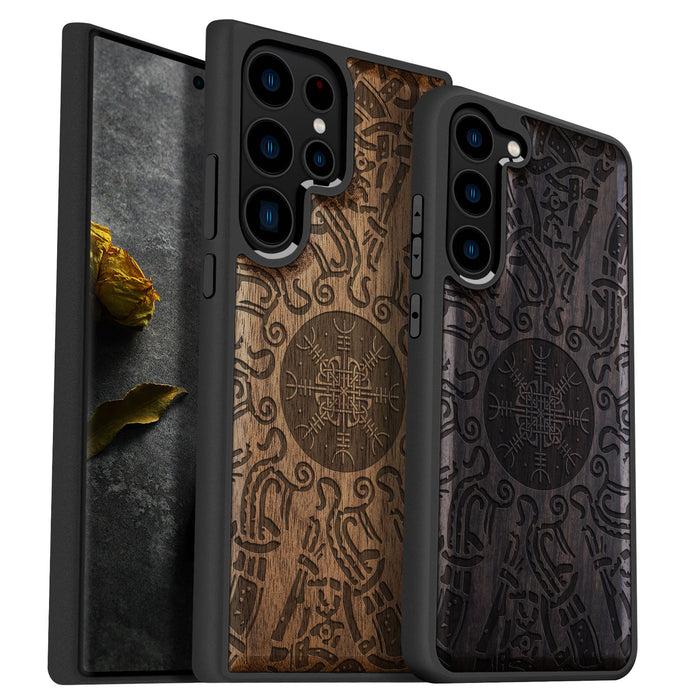 Viking Shield, Classic Engraved Wood & TPU Case - Artisanal Cover for Samsung Galaxy