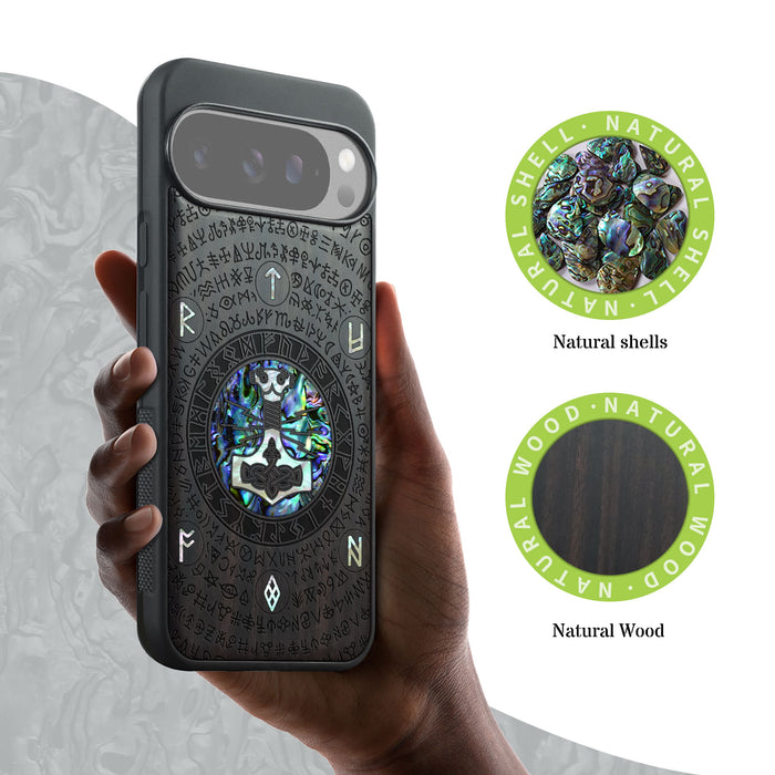 Mjölnir and the Runes, Hand-Inlaid Wood & Mother of Pearl Case - Artisanal Cover for Google Pixel