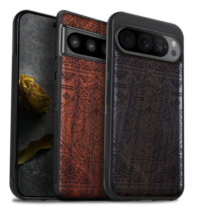 The Owl Mandala, Classic Engraved Wood & TPU Case - Artisanal Cover for Google Pixel