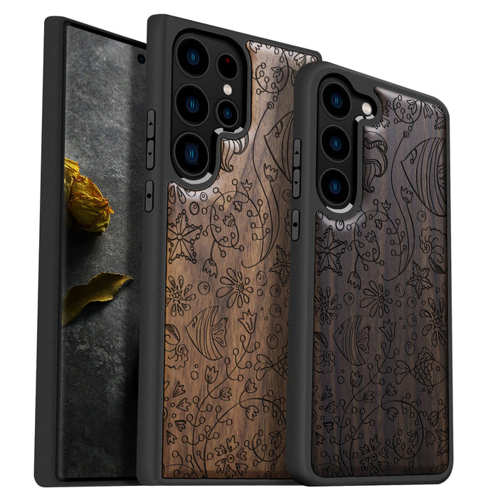 Seamless Linework of Oceanic Life, Classic Engraved Wood & TPU Case - Artisanal Cover for Samsung Galaxy