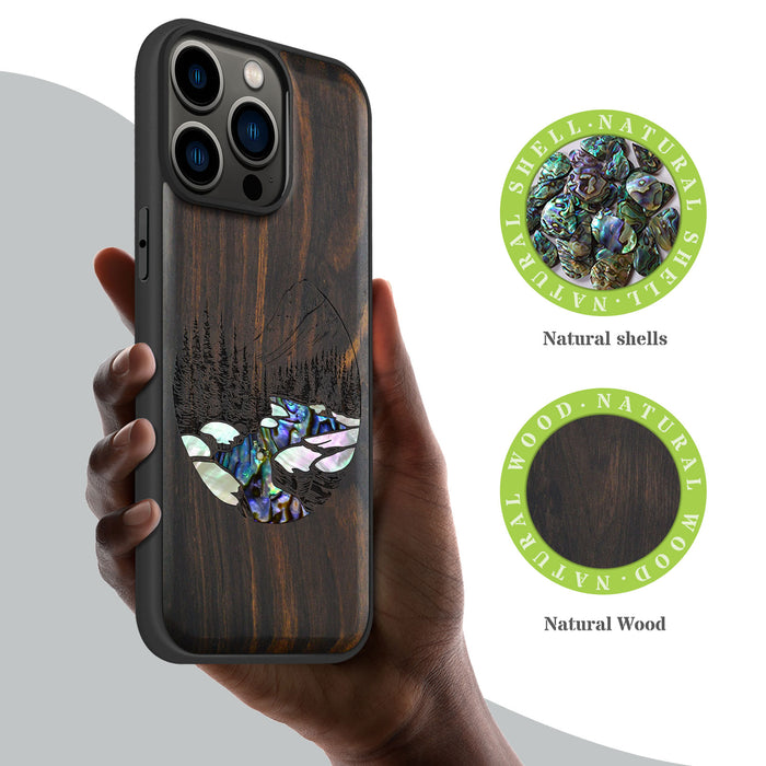 The Lake and Mountain Landscape, Hand-Inlaid Wood & Mother of Pearl Case - Artisanal Cover for Apple iPhone