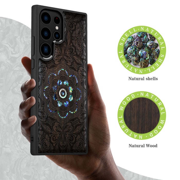 Ethereal Bloom Mandala, Hand-Inlaid Wood & Mother of Pearl Case - Artisanal Cover for Samsung Galaxy