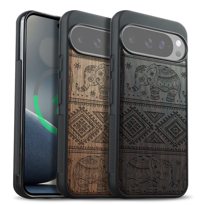 Lotus Elephant, Classic Engraved Wood & TPU Case - Artisanal Cover for Google Pixel