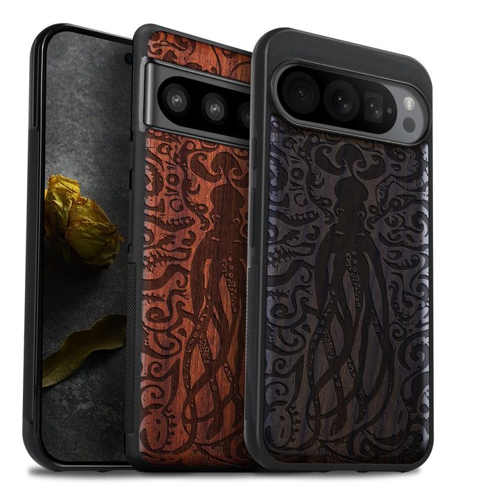 The Octopus's Nocturne, Classic Engraved Wood & TPU Case - Artisanal Cover for Google Pixel