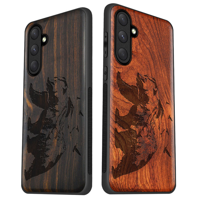 Majestic Bear in Nature's Embrace, Classic Engraved Wood & TPU Case - Artisanal Cover for Samsung Galaxy