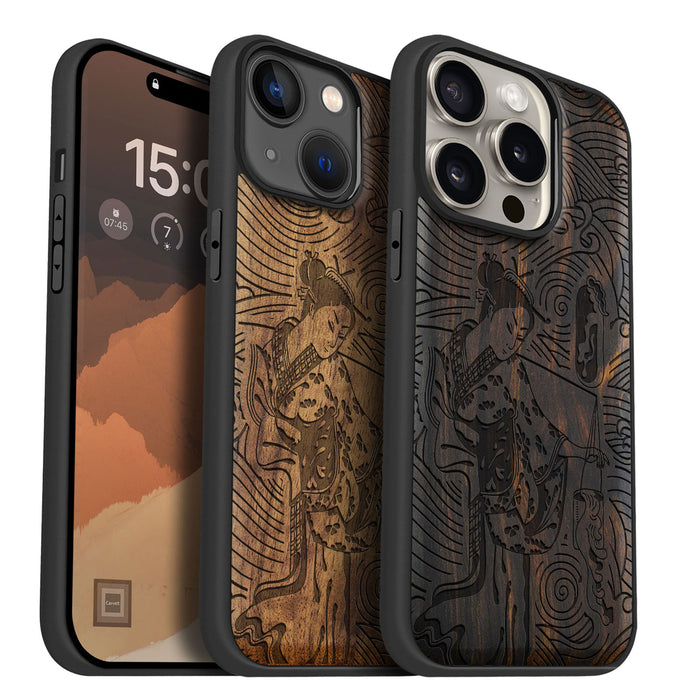 Geisha and the Curling Waves, Classic Engraved Wood & TPU Case - Artisanal Cover for Apple iPhone