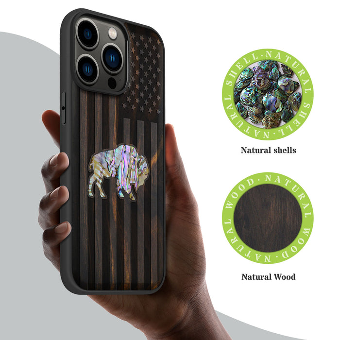 American Flag, Bison, Hand-Inlaid Wood & Mother of Pearl Case - Artisanal Cover for Apple iPhone