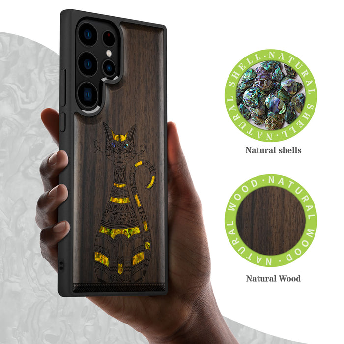 Tribal Cat Art, Hand-Inlaid Wood & Mother of Pearl Case - Artisanal Cover for Samsung Galaxy