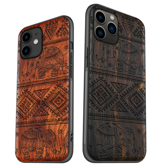 Vintage Indian Lotus and Ethnic Elephant, Classic Engraved Wood & TPU Case - Artisanal Cover for Apple iPhone