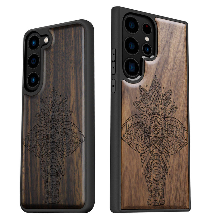 African Elephant in Linework Art, Classic Engraved Wood & TPU Case - Artisanal Cover for Samsung Galaxy