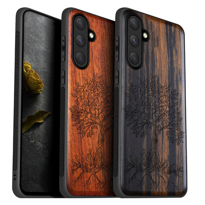 The Fairy Tree Line Art, Classic Engraved Wood & TPU Case - Artisanal Cover for Samsung Galaxy