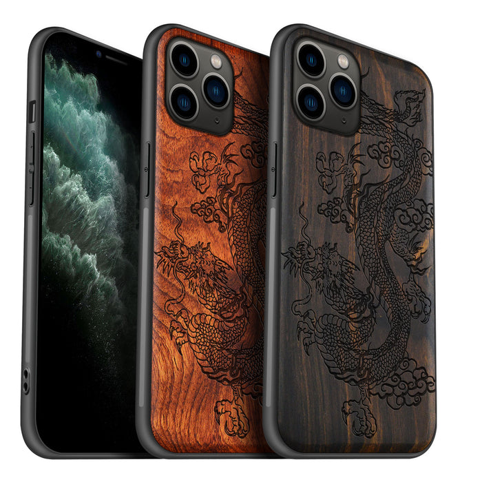 The Majestic Chinese Dragon, Classic Engraved Wood & TPU Case - Artisanal Cover for Apple iPhone