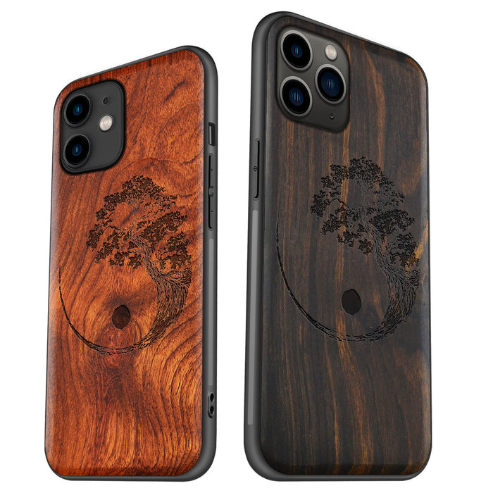 Yin Yang Bonsai Tree in Japanese Style, Classic Engraved Wood & TPU Case - Artisanal Cover for Apple iPhone