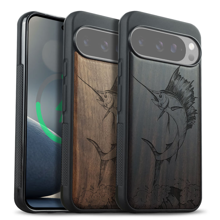 The Soaring Marlin, Classic Engraved Wood & TPU Case - Artisanal Cover for Google Pixel
