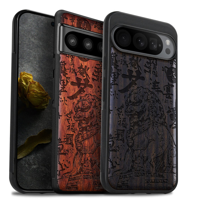 The Chinese Guardian Lions, Classic Engraved Wood & TPU Case - Artisanal Cover for Google Pixel