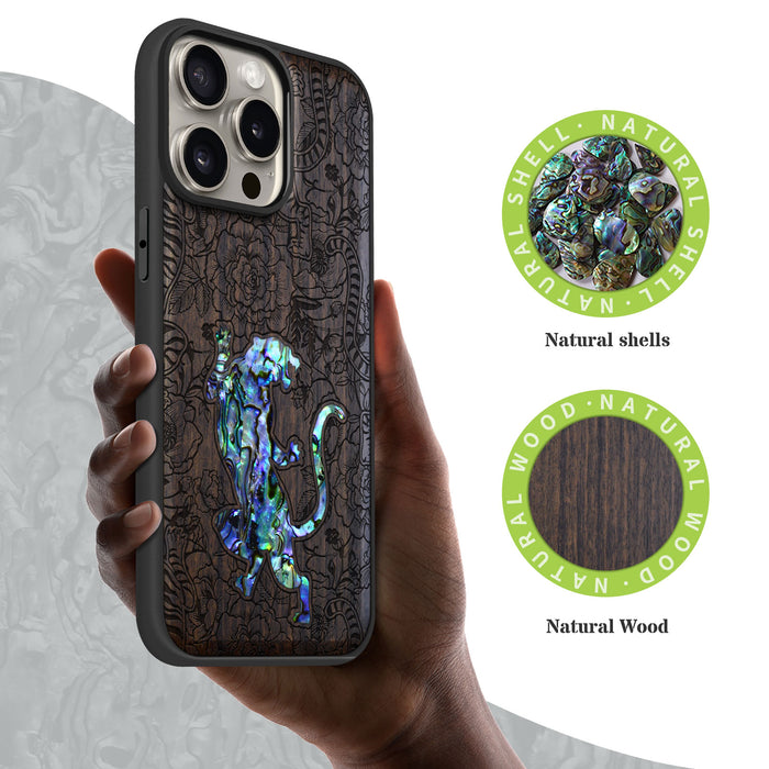 A Tiger Amidst Flowers, Hand-Inlaid Wood & Mother of Pearl Case - Artisanal Cover for Apple iPhone