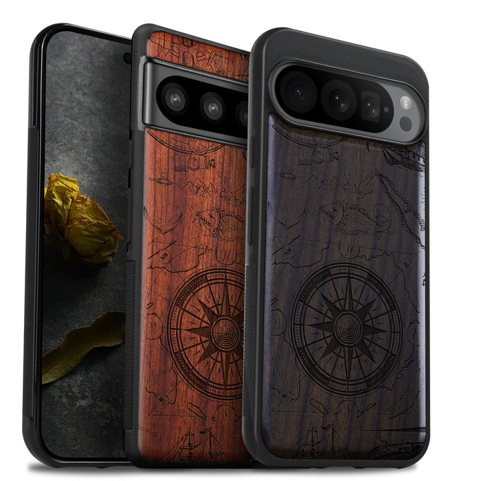 The Compass Amidst Pirates' Legacy, Classic Engraved Wood & TPU Case - Artisanal Cover for Google Pixel