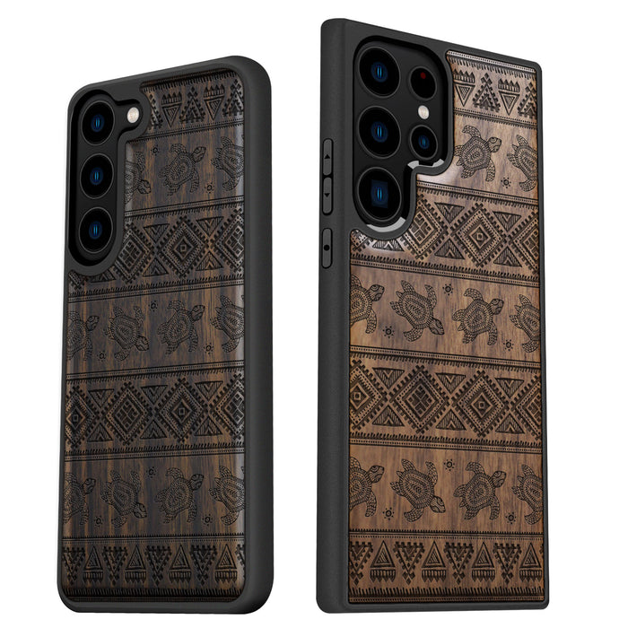 The Aztec Sea Turtle, Classic Engraved Wood & TPU Case - Artisanal Cover for Samsung Galaxy