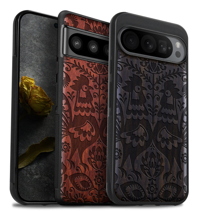 Polish Folk Art with Roosters and Florals, Classic Engraved Wood & TPU Case - Artisanal Cover for Google Pixel