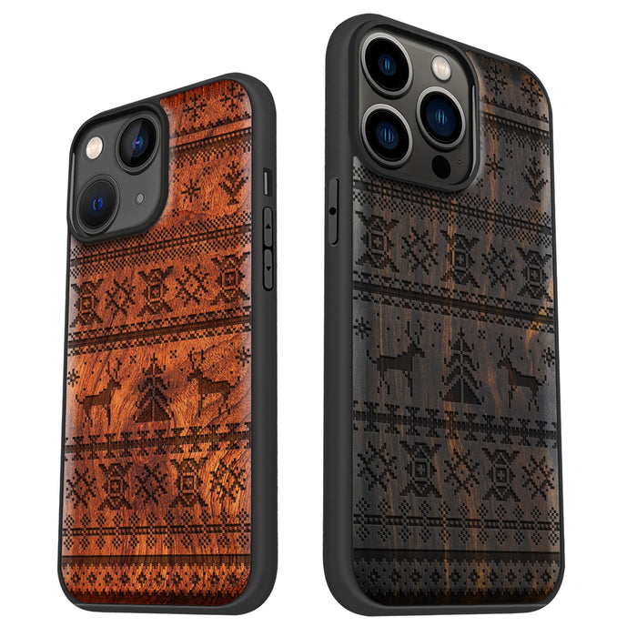 Deer, Snowflake, and Tree, Classic Engraved Wood & TPU Case - Artisanal Cover for Apple iPhone