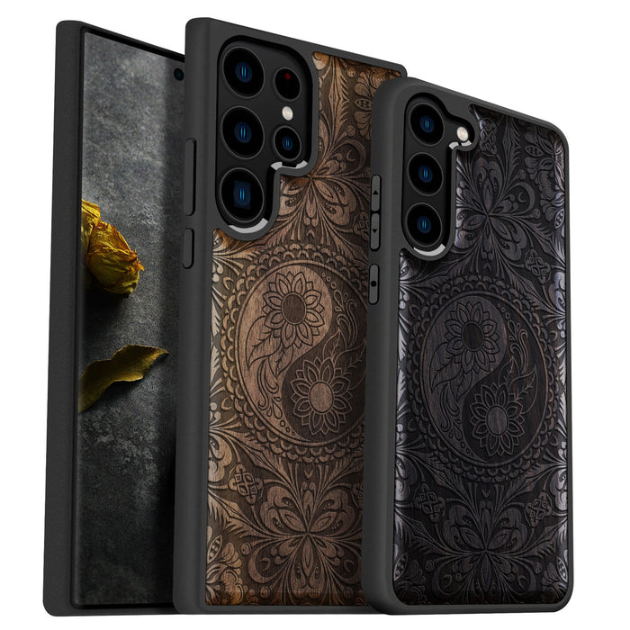 The Yin Yang Mandala, Classic Engraved Wood & TPU Case - Artisanal Cover for Samsung Galaxy