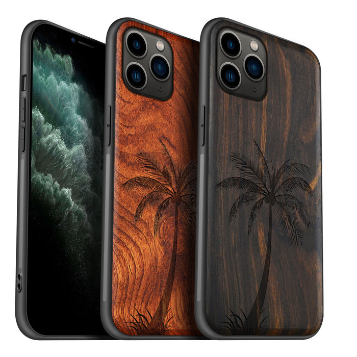 The Palm Tree Silhouette, Classic Engraved Wood & TPU Case - Artisanal Cover for Apple iPhone