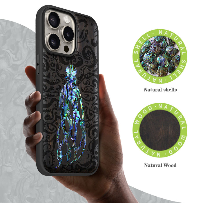 Cephalopod's Nocturne, Hand-Inlaid Wood & Mother of Pearl Case - Artisanal Cover for Apple iPhone