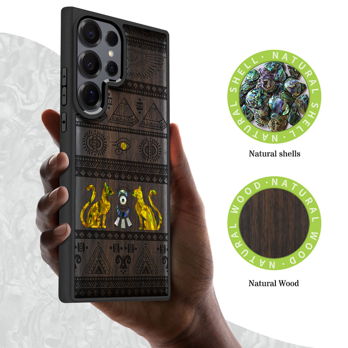 The Symbols of Egypt., Hand-Inlaid Wood & Mother of Pearl Case - Artisanal Cover for Samsung Galaxy