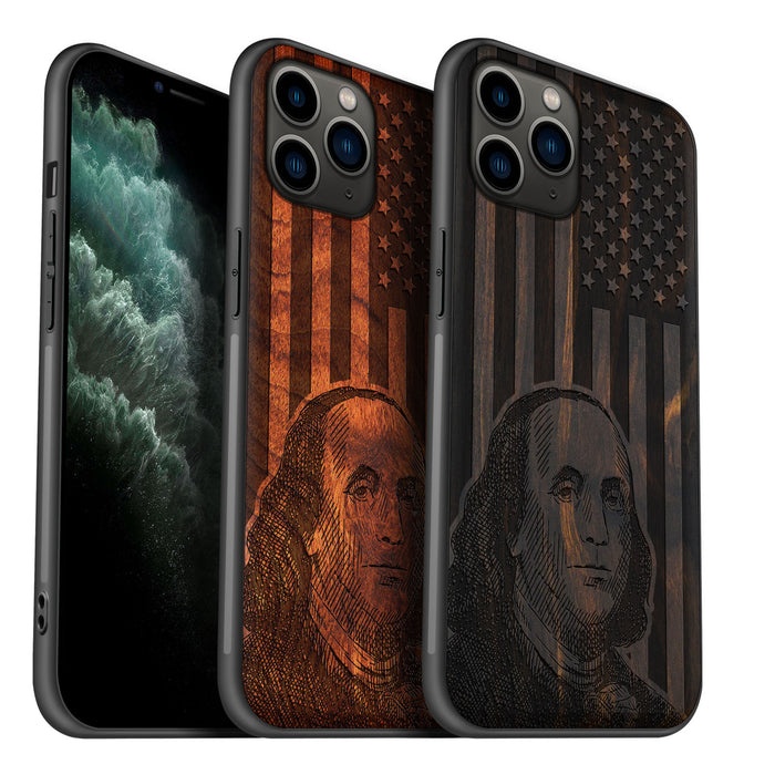 Benjamin Franklin's Portrait Amidst the Stars and Stripes, Classic Engraved Wood & TPU Case - Artisanal Cover for Apple iPhone