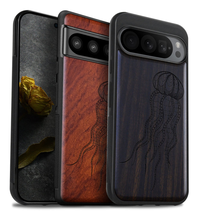 Zentangle Art Jellyfish, Classic Engraved Wood & TPU Case - Artisanal Cover for Google Pixel