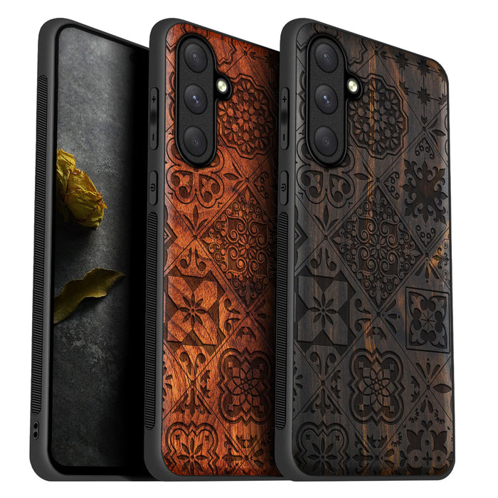 A Dynamic Tapestry of Traditional Moroccan Tiles, Classic Engraved Wood & TPU Case - Artisanal Cover for Samsung Galaxy