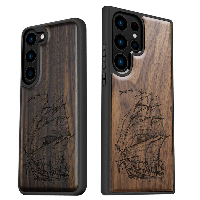 Pirate Ship Line Work, Classic Engraved Wood & TPU Case - Artisanal Cover for Samsung Galaxy