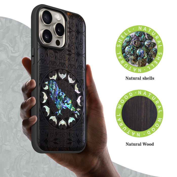 The Zentangle Crow, Hand-Inlaid Wood & Mother of Pearl Case - Artisanal Cover for Apple iPhone