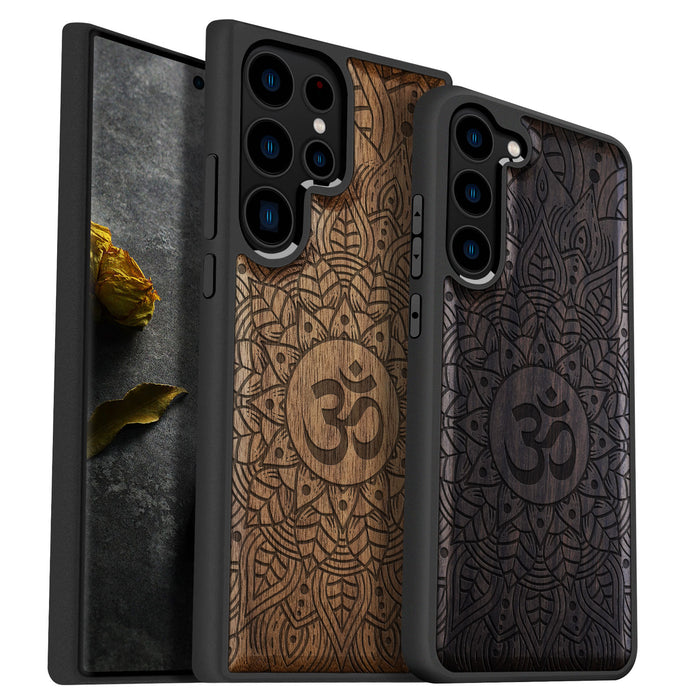 Mandala Om Design, Classic Engraved Wood & TPU Case - Artisanal Cover for Samsung Galaxy