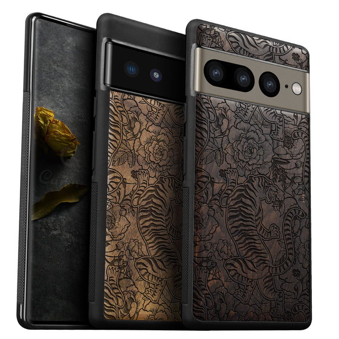 A Tiger Amidst Flowers and Vines, Classic Engraved Wood & TPU Case - Artisanal Cover for Google Pixel