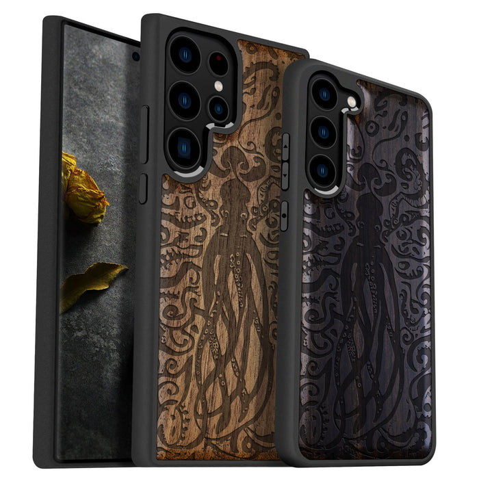 The Octopus's Nocturne, Classic Engraved Wood & TPU Case - Artisanal Cover for Samsung Galaxy