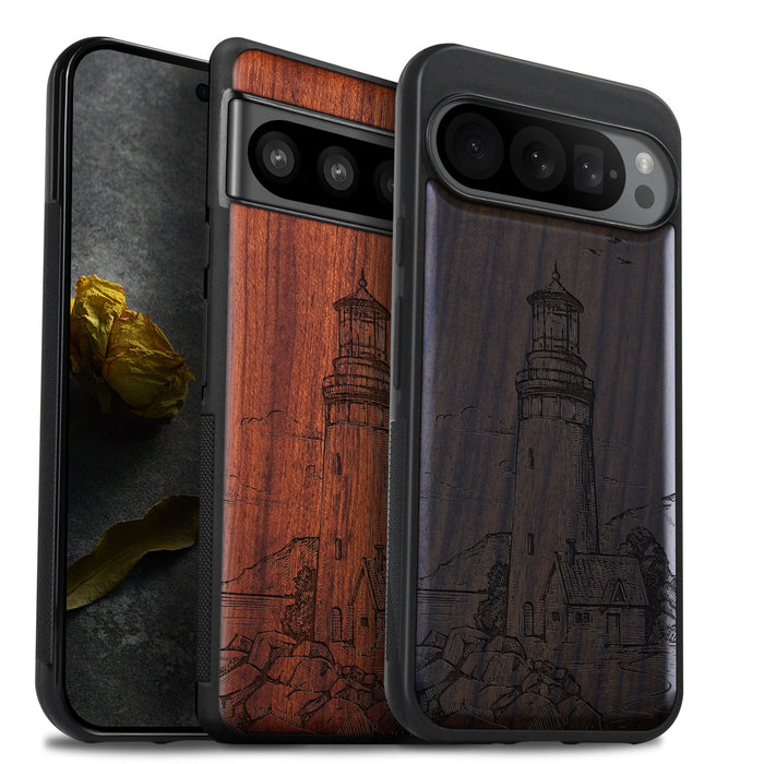 The Lighthouse, Classic Engraved Wood & TPU Case - Artisanal Cover for Google Pixel